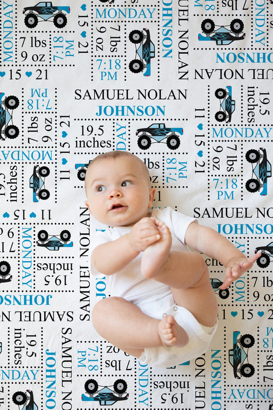 Monster Truck Birth Stat Blanket